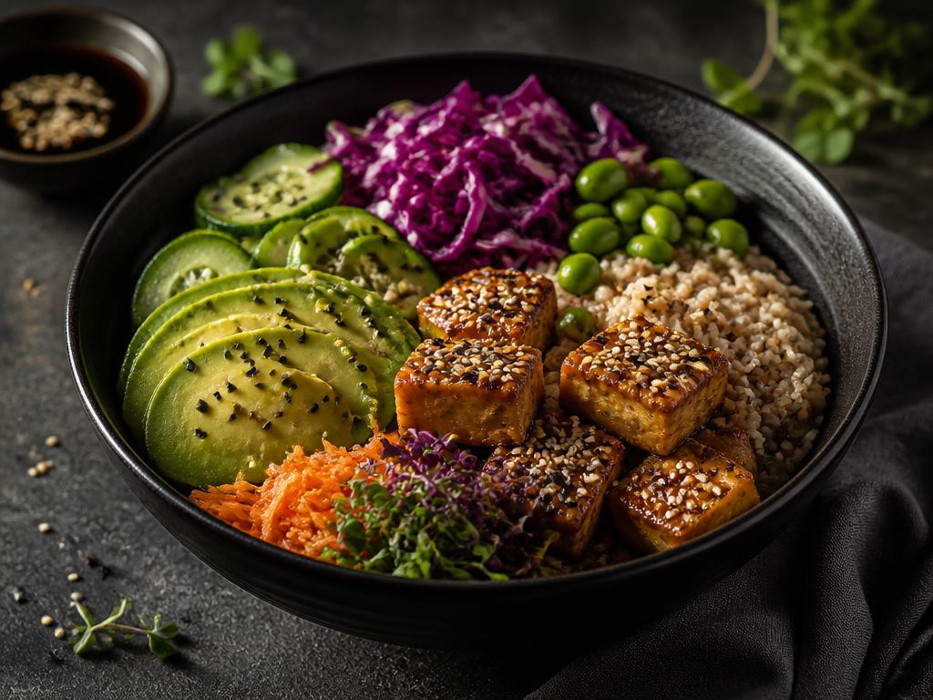 Tofu buddha bowl with avocado, edamame and purple cabbage