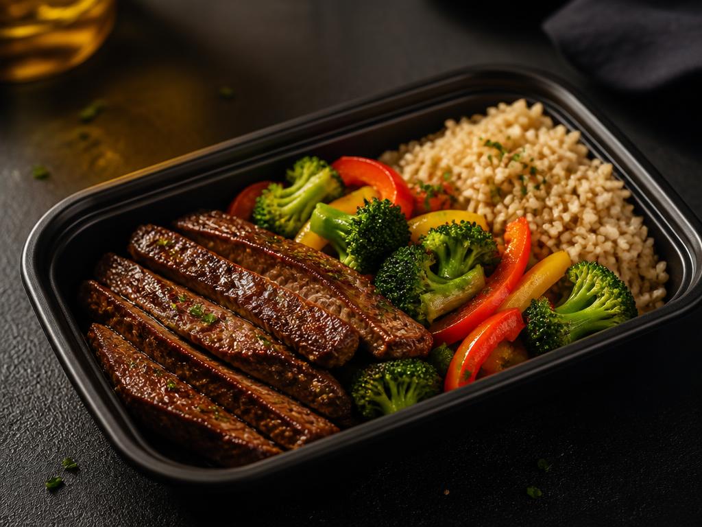 Lean beef strips with brown rice, broccoli and bell peppers