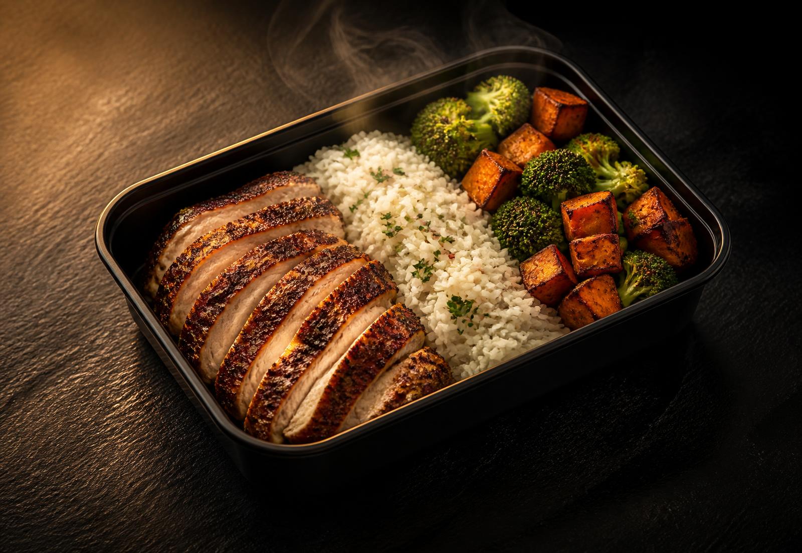 Grilled chicken breast, jasmine rice, broccoli and sweet potato in a black meal prep container