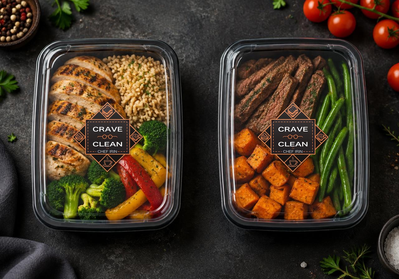 Illustration: two branded Crave Clean meal boxes