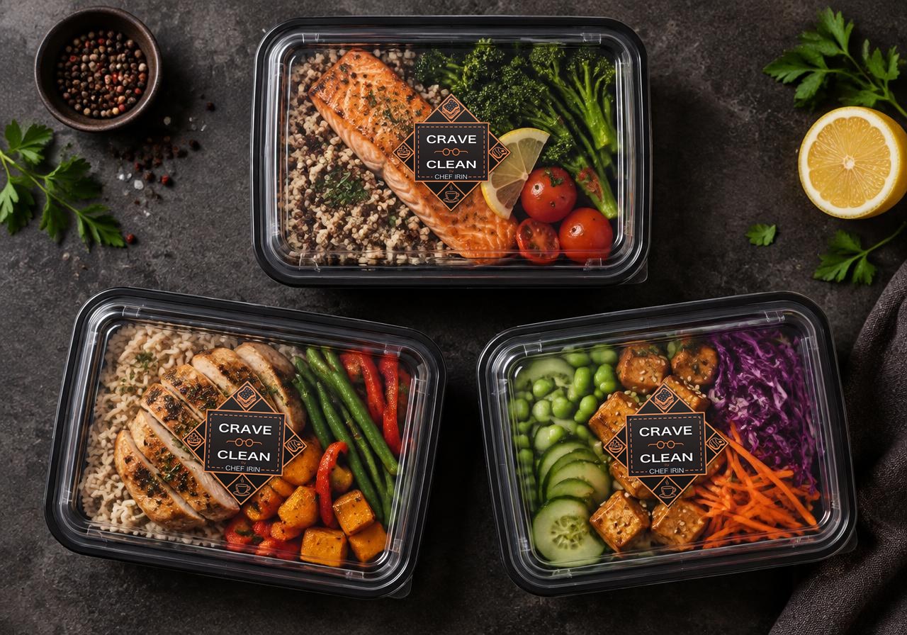 Illustration: three branded Crave Clean meal boxes