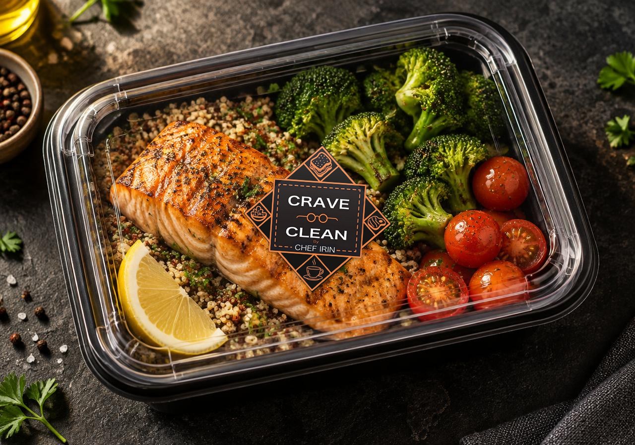 Illustration: one branded Crave Clean meal box with salmon